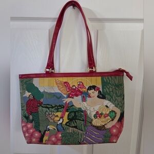 Braciano Vintage Tropical Woman Bird Fruit Canvas Beaded Handbag
